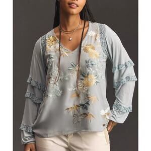 Anthropologie Tiny Frances Long-Sleeve Ruffle Top Medium Floral Embroidered Blue